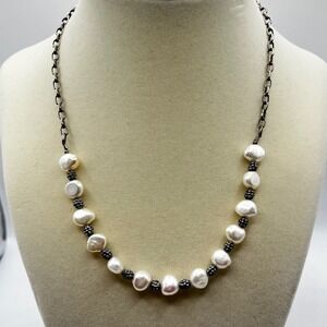 Baroni Designs‎ Sterling Silver 925 Freshwater Pearl Necklace Oxidized Spacers